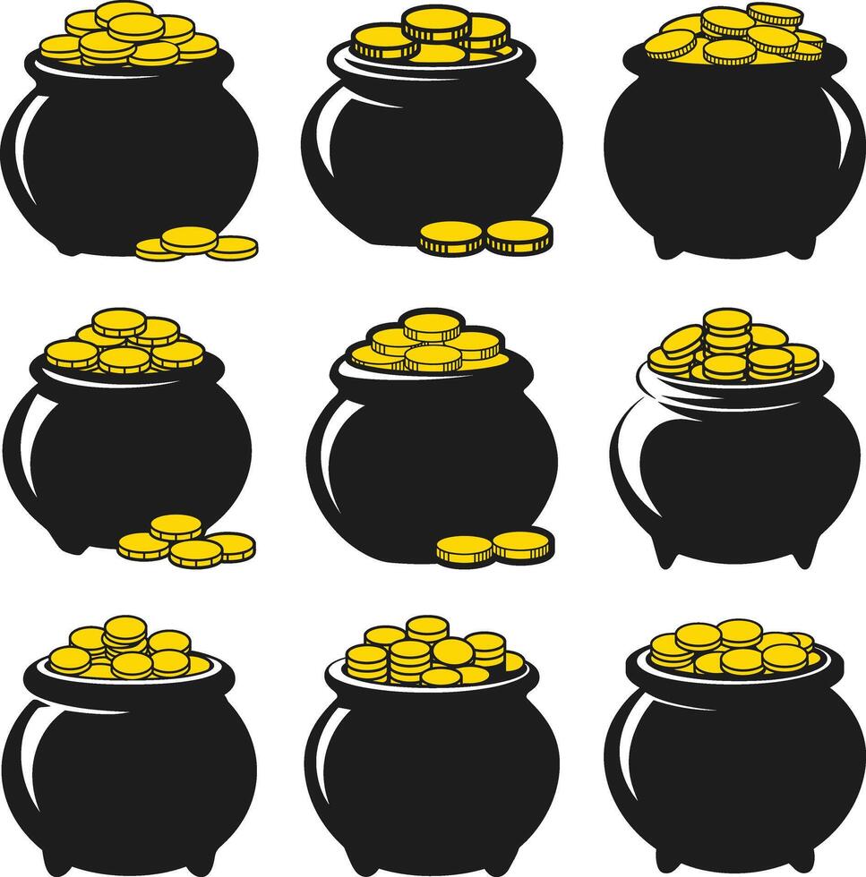 Set of Pot of Gold Coins Illustrations - Wealth, Fortune, and Luck vector