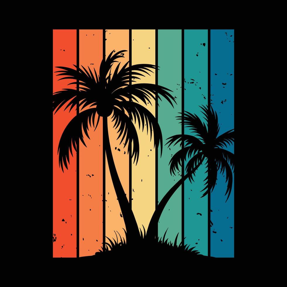 Tropical Palm Silhouettes with Vibrant Retro Gradient Stripes vector