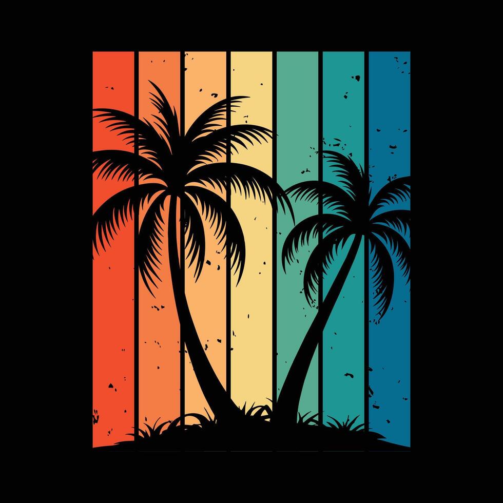 Palm Tree Silhouettes with Colorful Vintage Sunset Gradient Stripes vector