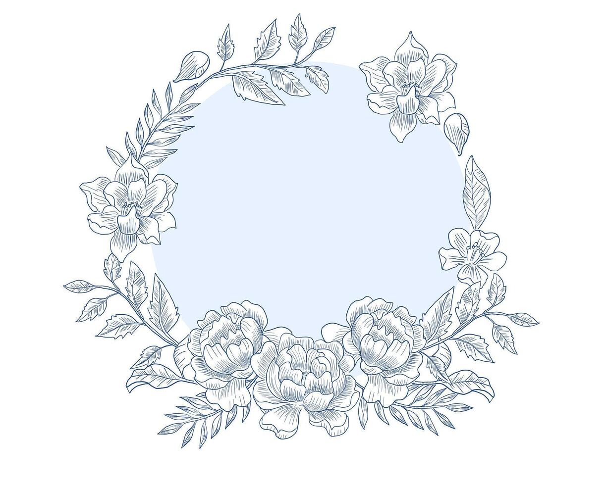Hand Drawn Rose Flower and Leaves Line Art Wreath vector