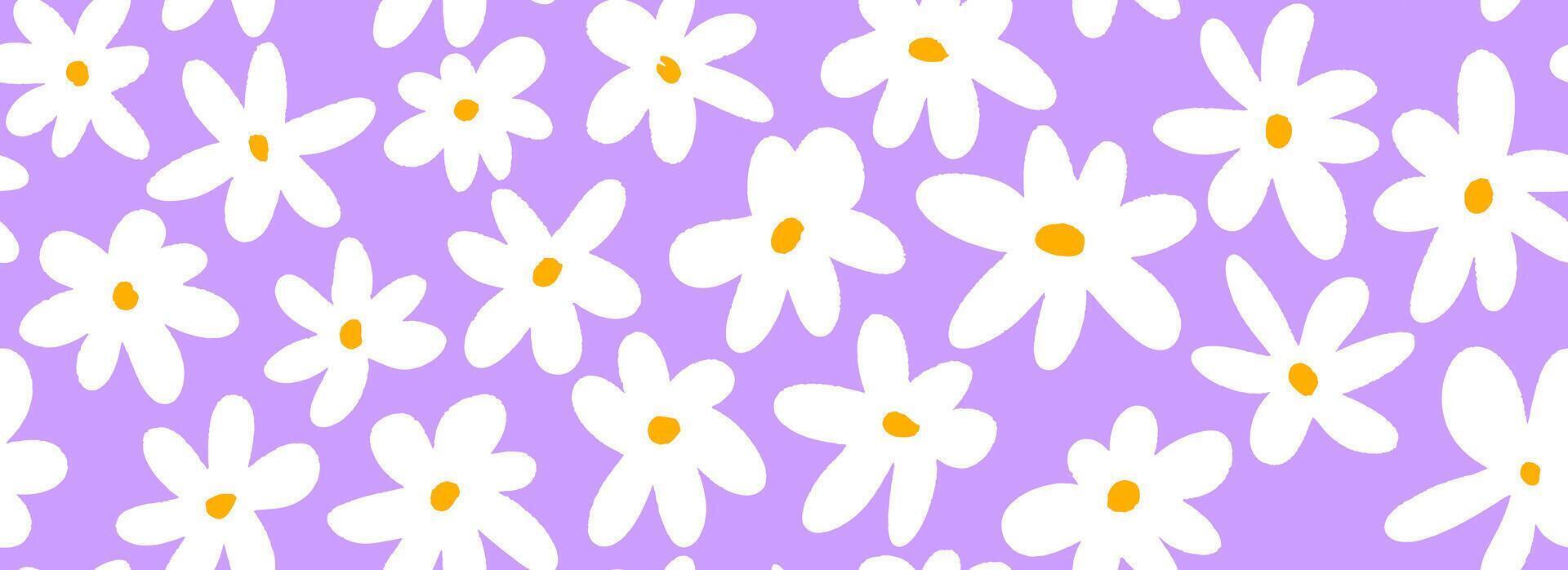 Hand drawn white flower seamless pattern. Floral repeating wallpaper for textile design, fabric, print, wrapping paper. Cute daisy flowers on purple background. Repeated cute ditsy texture vector