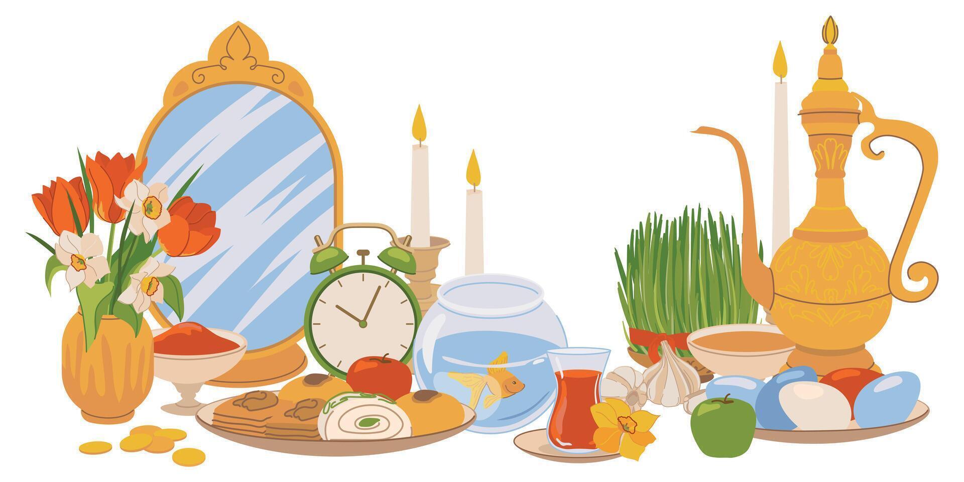 Products for the International Day of Navruz. Iranian New Year is a sacred day and religious holiday of Zoroastrians and Baha'is. Mirror, green grass, sweets, candles, vinegar, flowers. Flat . vector
