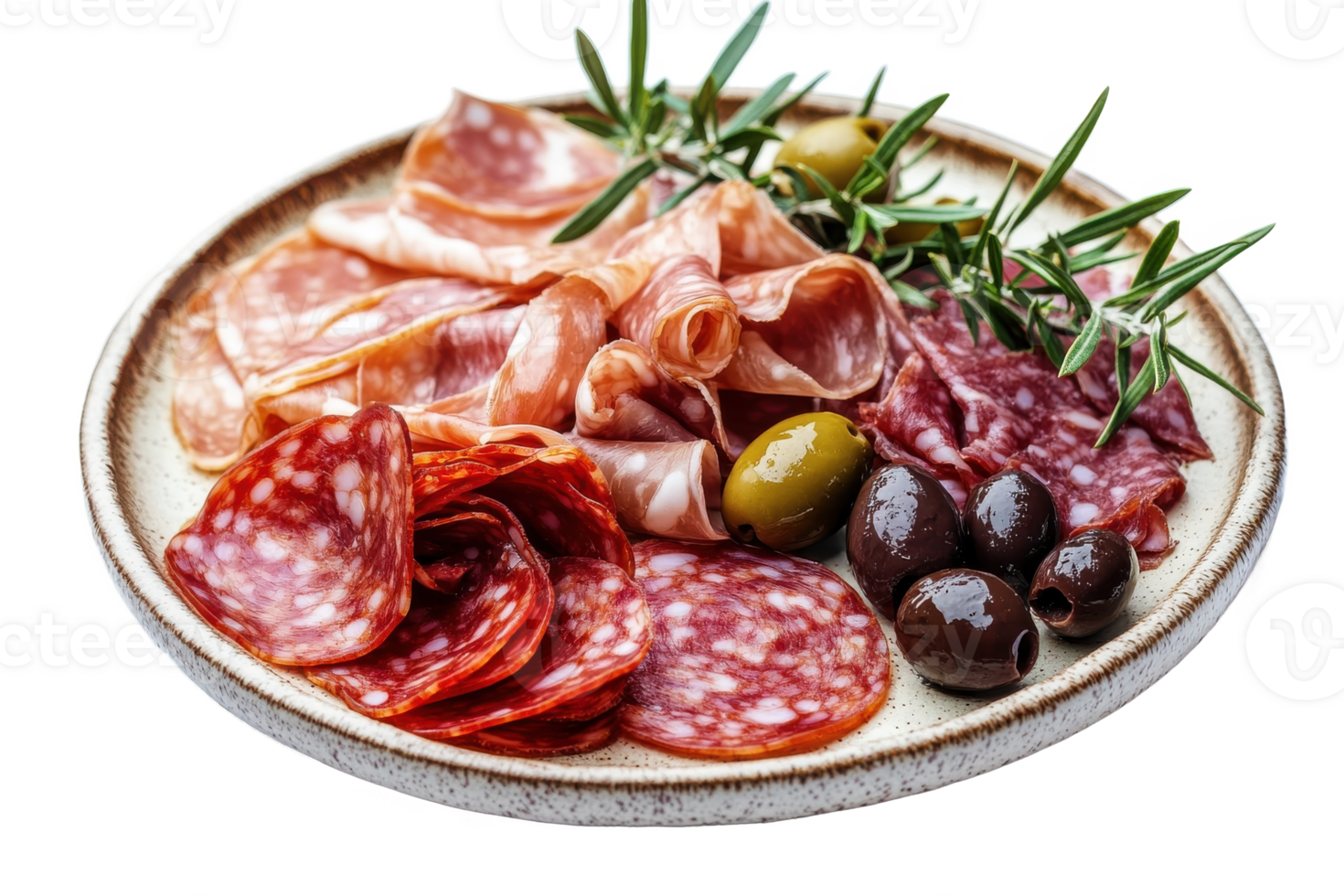 plate image, showcasing cured meats, appetizer spread, and culinary presentation details. png