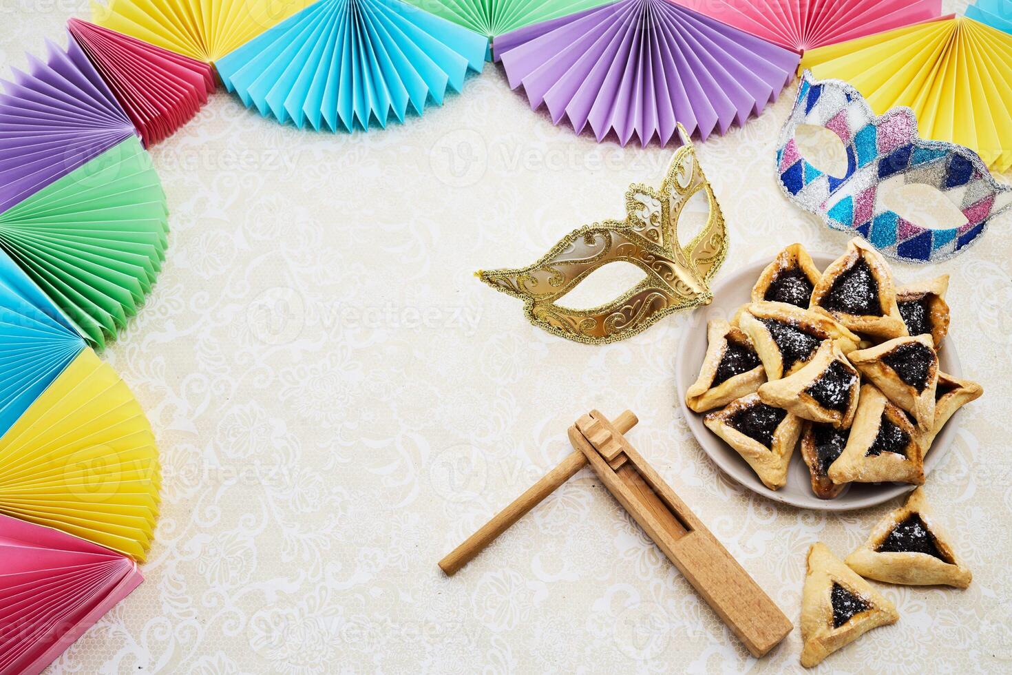 Purim Festive Setup. Colorful Purim scene with masks, photo