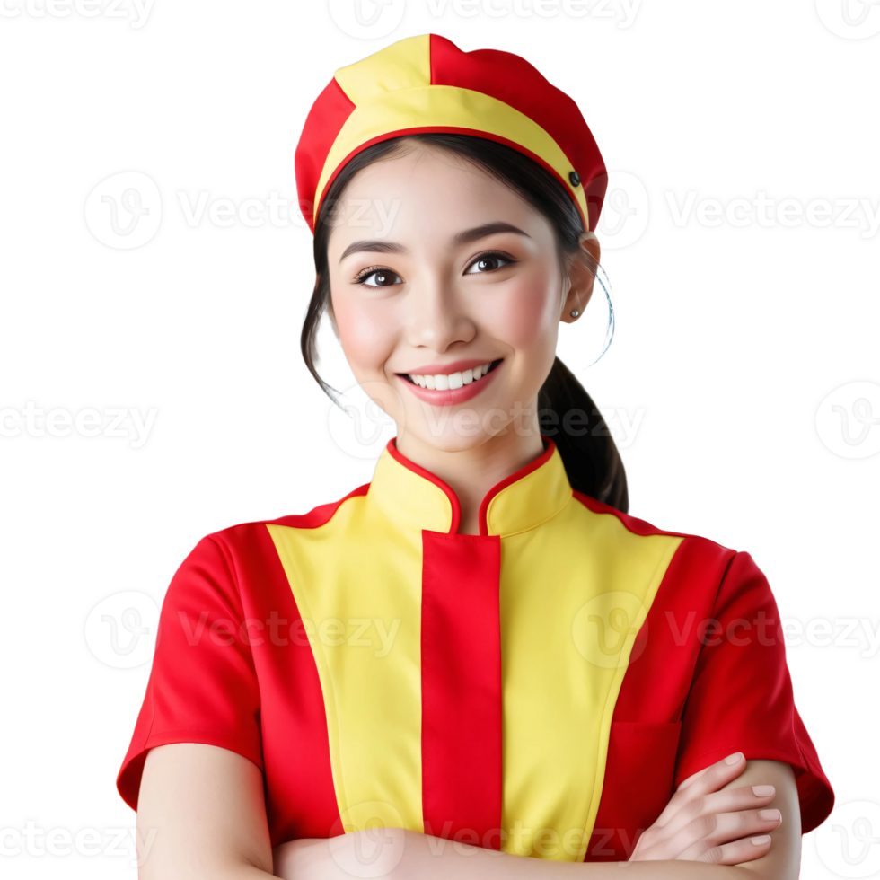 A woman in a red and yellow uniform png