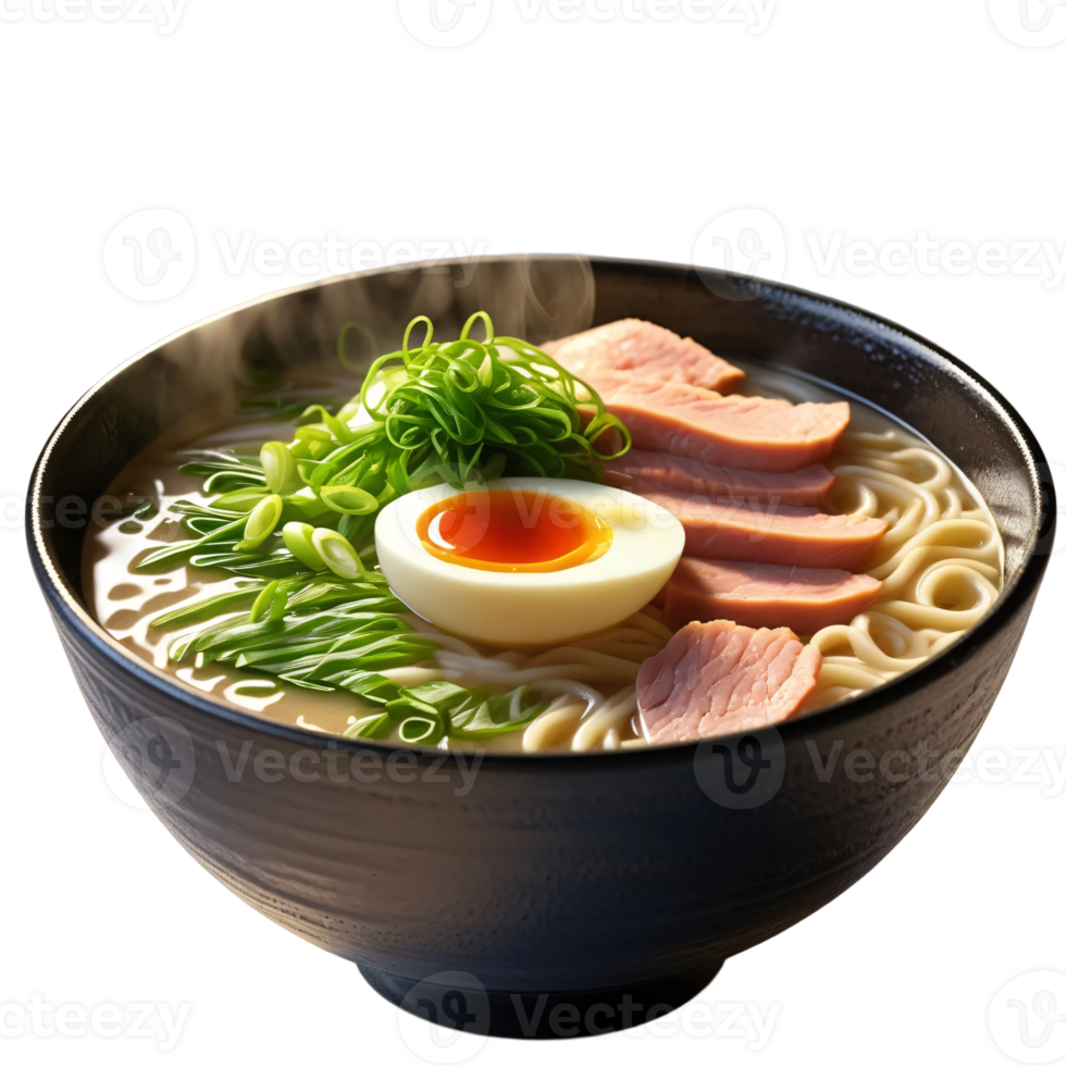 A bowl of ramen with an egg and ham png