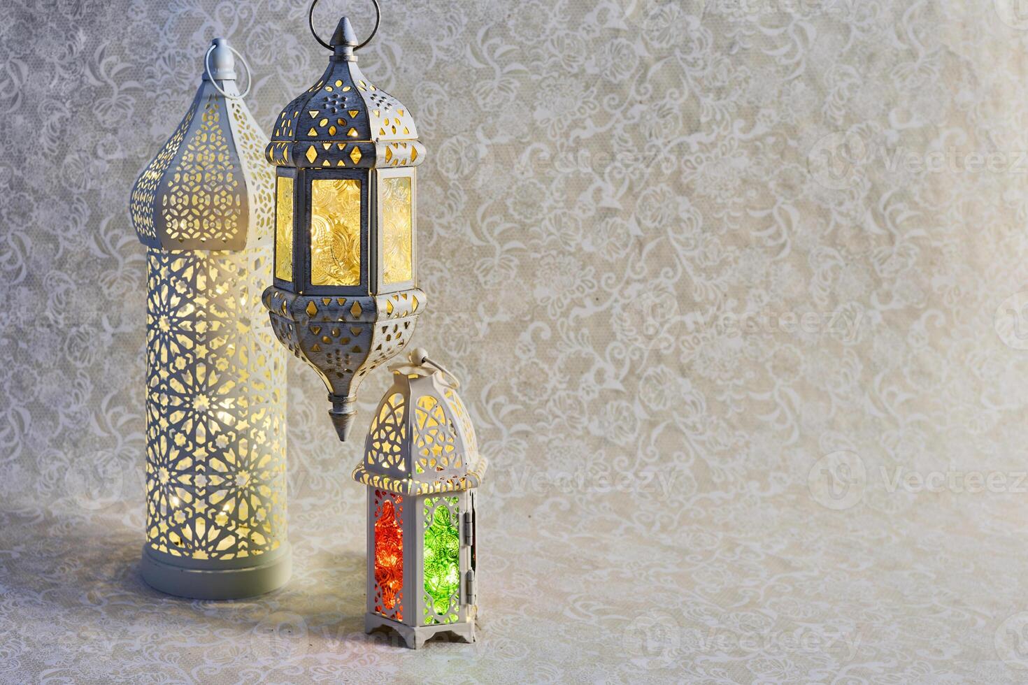 Eid al Fitr, Ramadan Kareem, Ornate Lanterns with glowing lights photo