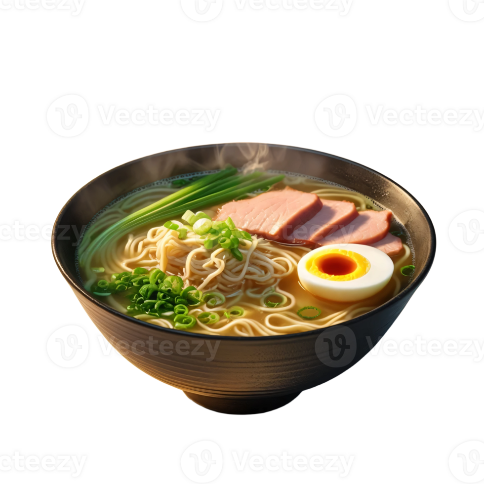 A bowl of ramen with meat and vegetables png
