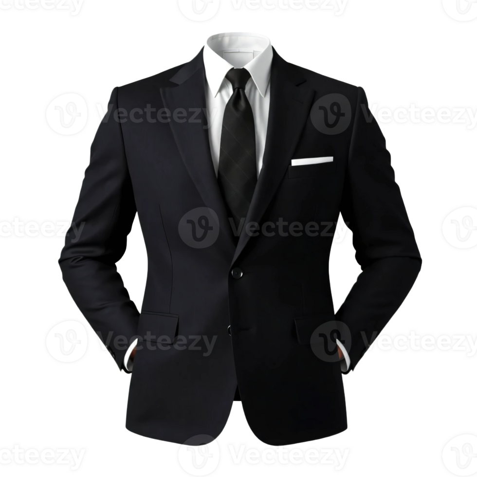 A black suit with a white shirt and tie png