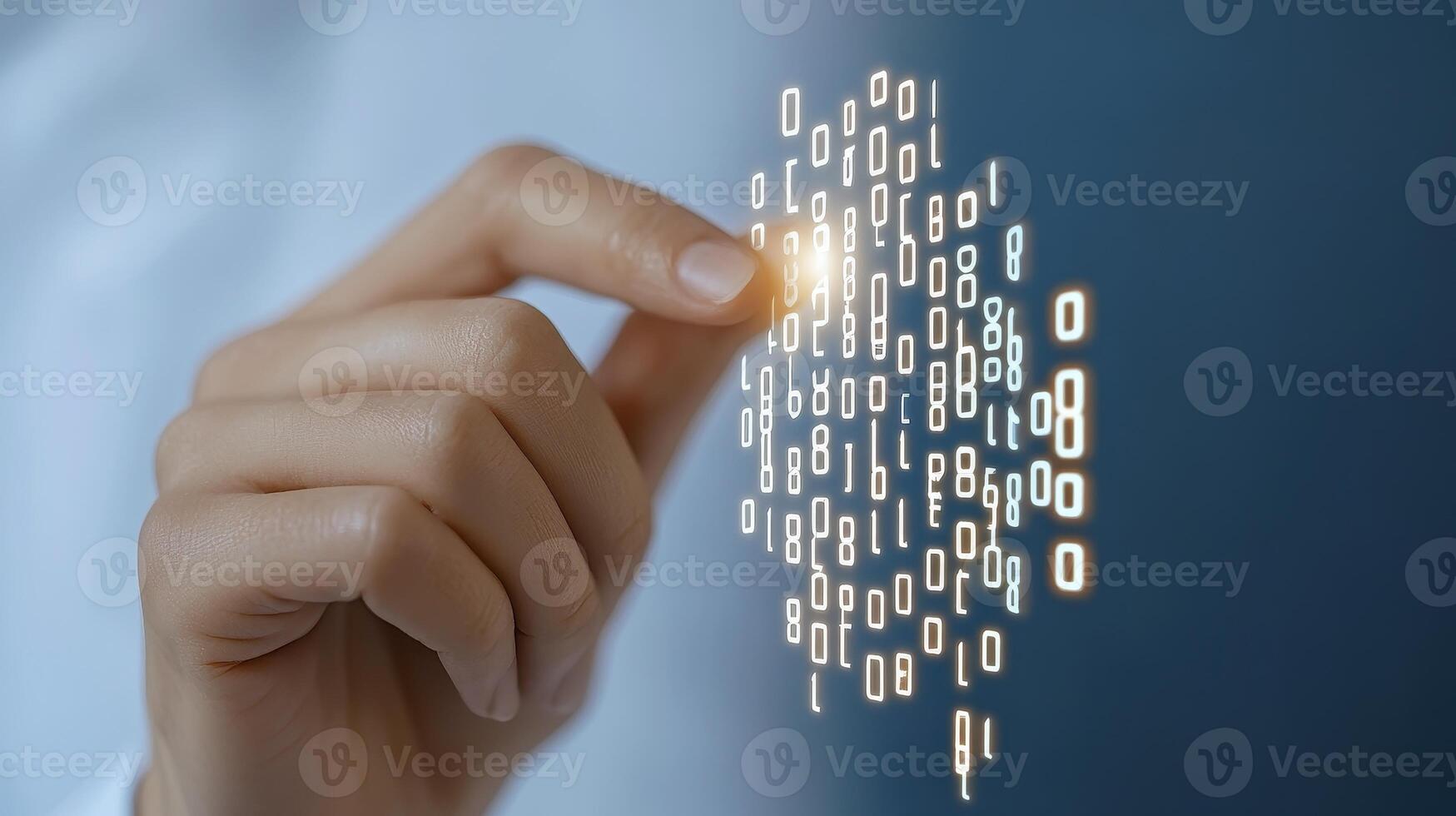 Hand Interacting with Glowing Binary Code Stream photo