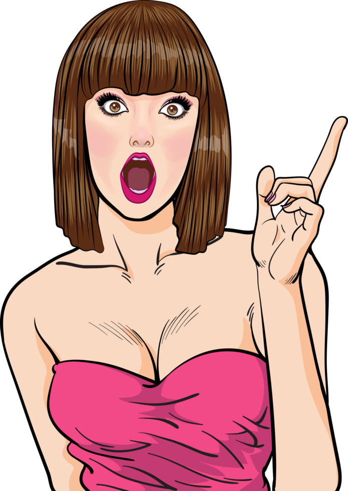 Sexy retro beauty in pop art style, expressing surprise with open mouth. png