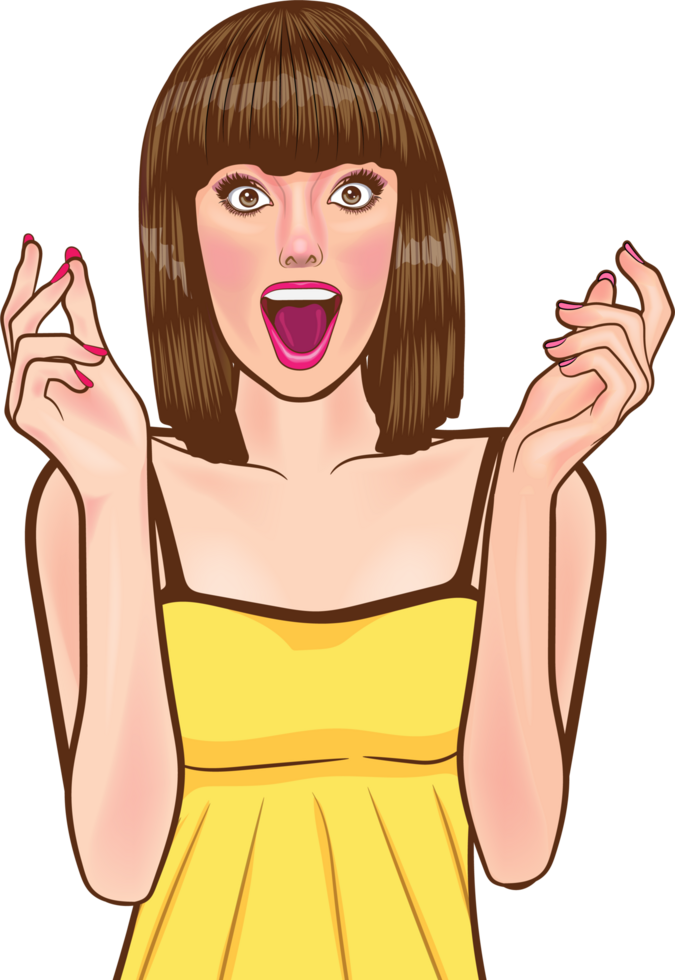 Retro pop art girl in fashionable clothes, showing a very excited expression, wow. png