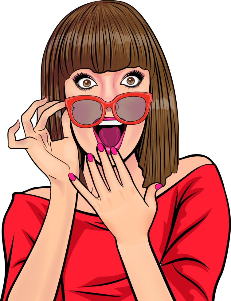 Pop art girl wearing glasses and red nails makes a shocked expression OMG png