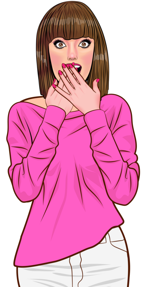 Surprised pop art woman with wide eyes and open mouth, expressing shock. png