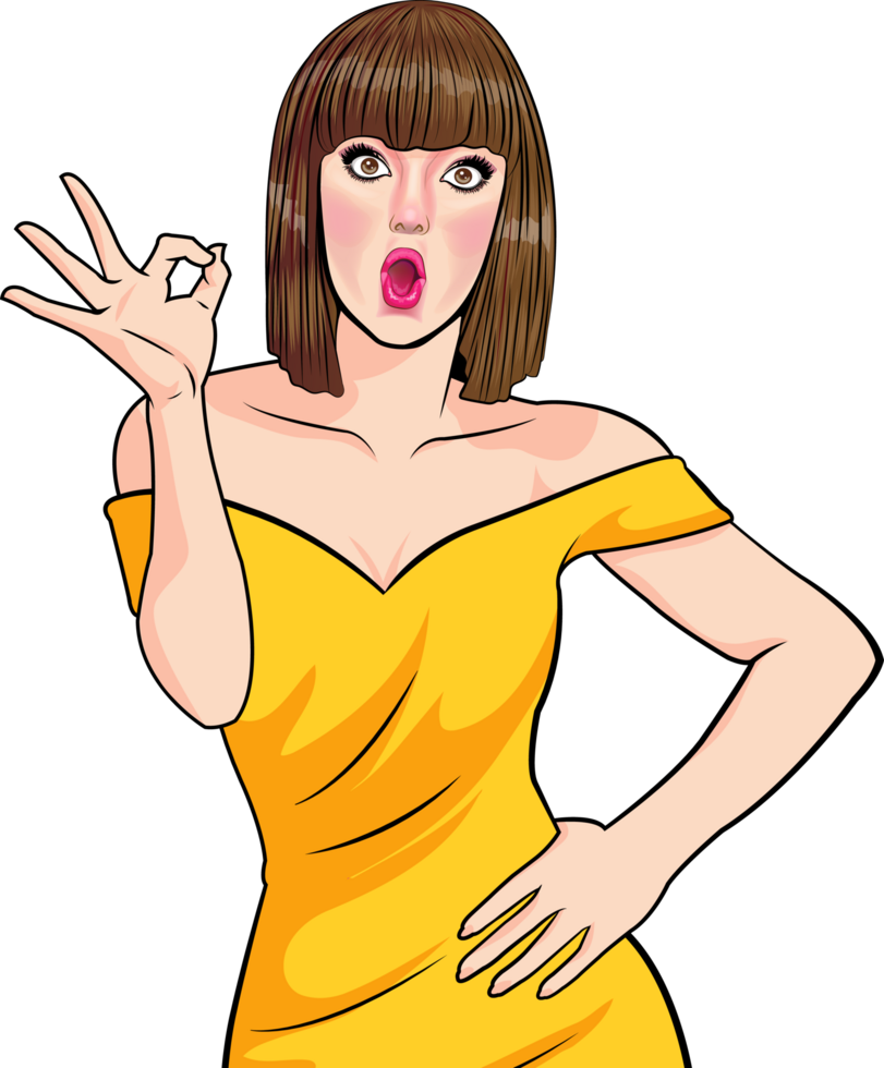 Beautiful young woman in a vintage pop art theme, making an OK hand gesture in a shocked gesture. png