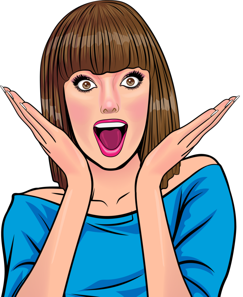 Comic-style female character with a shocked expression, open mouth, and bold colors. png