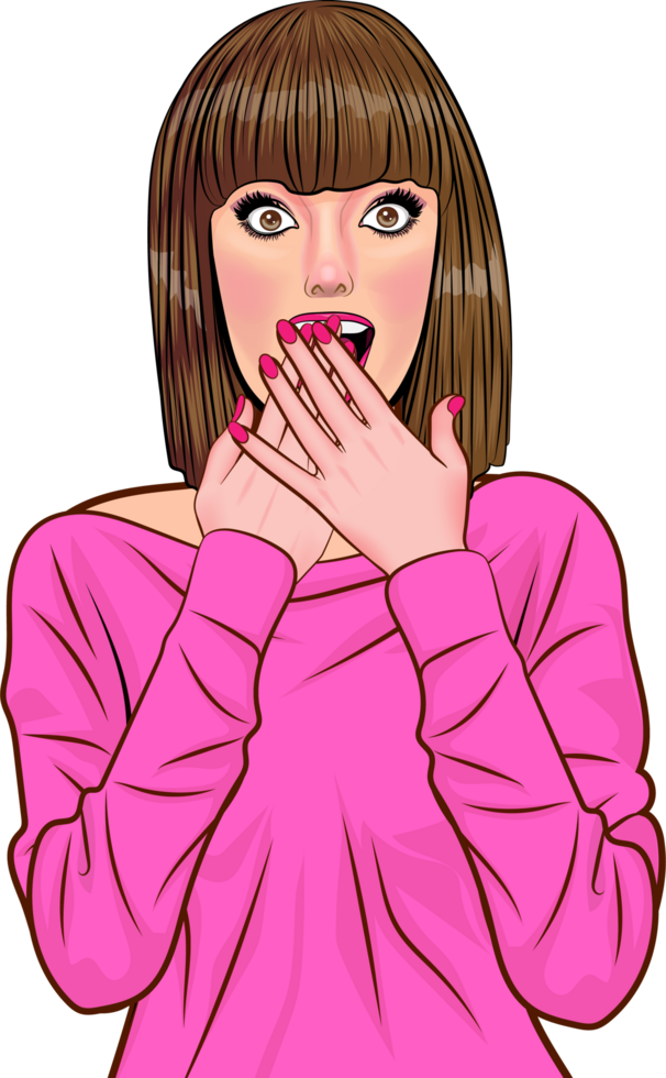 Retro comic lady with a wondering expression, hand on chin. png