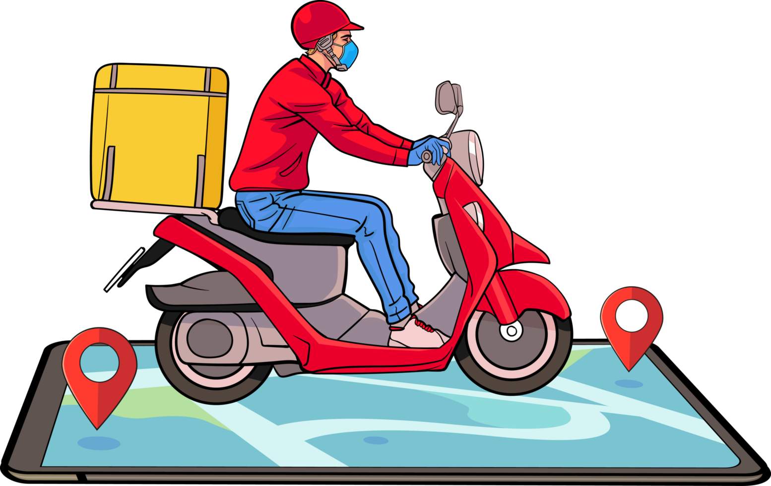Vintage comic motorcycle courier delivering packages with speed. png