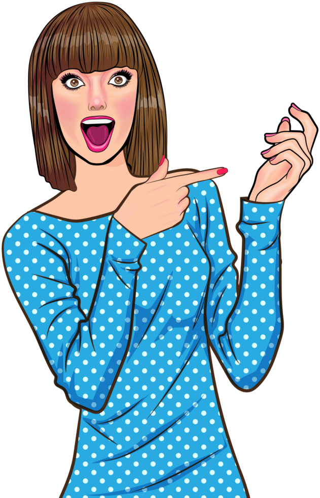 Cartoon-inspired pretty woman showing emotion and enthusiasm with bright colors png