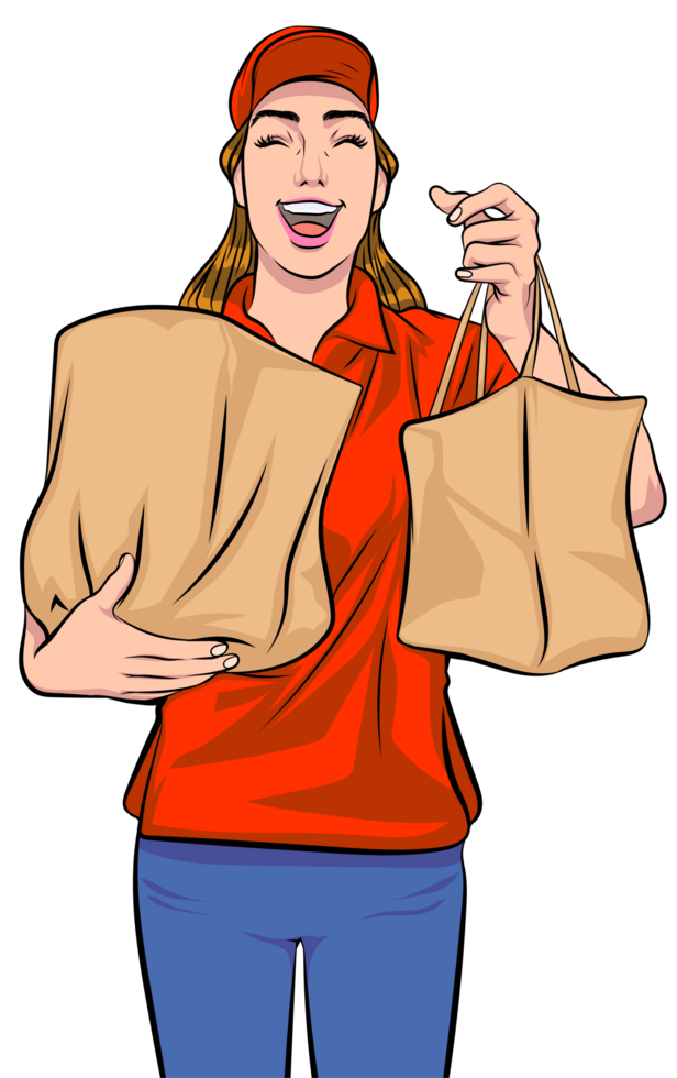 Retro pop art style female delivery girl delivers food cheerfully. png