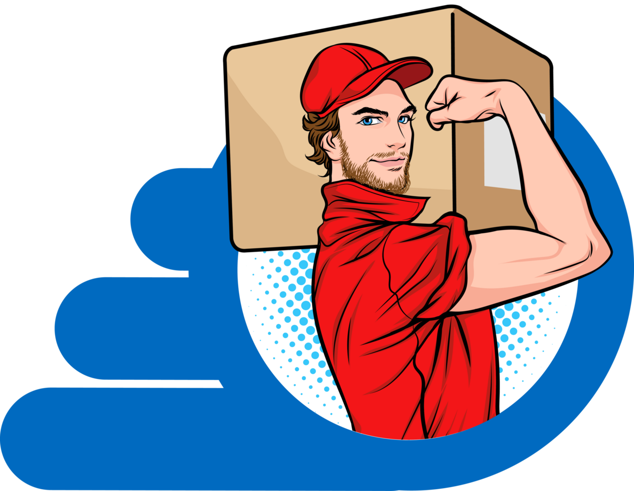 Retro comic logistic worker wearing a cap and carrying a heavy package. png