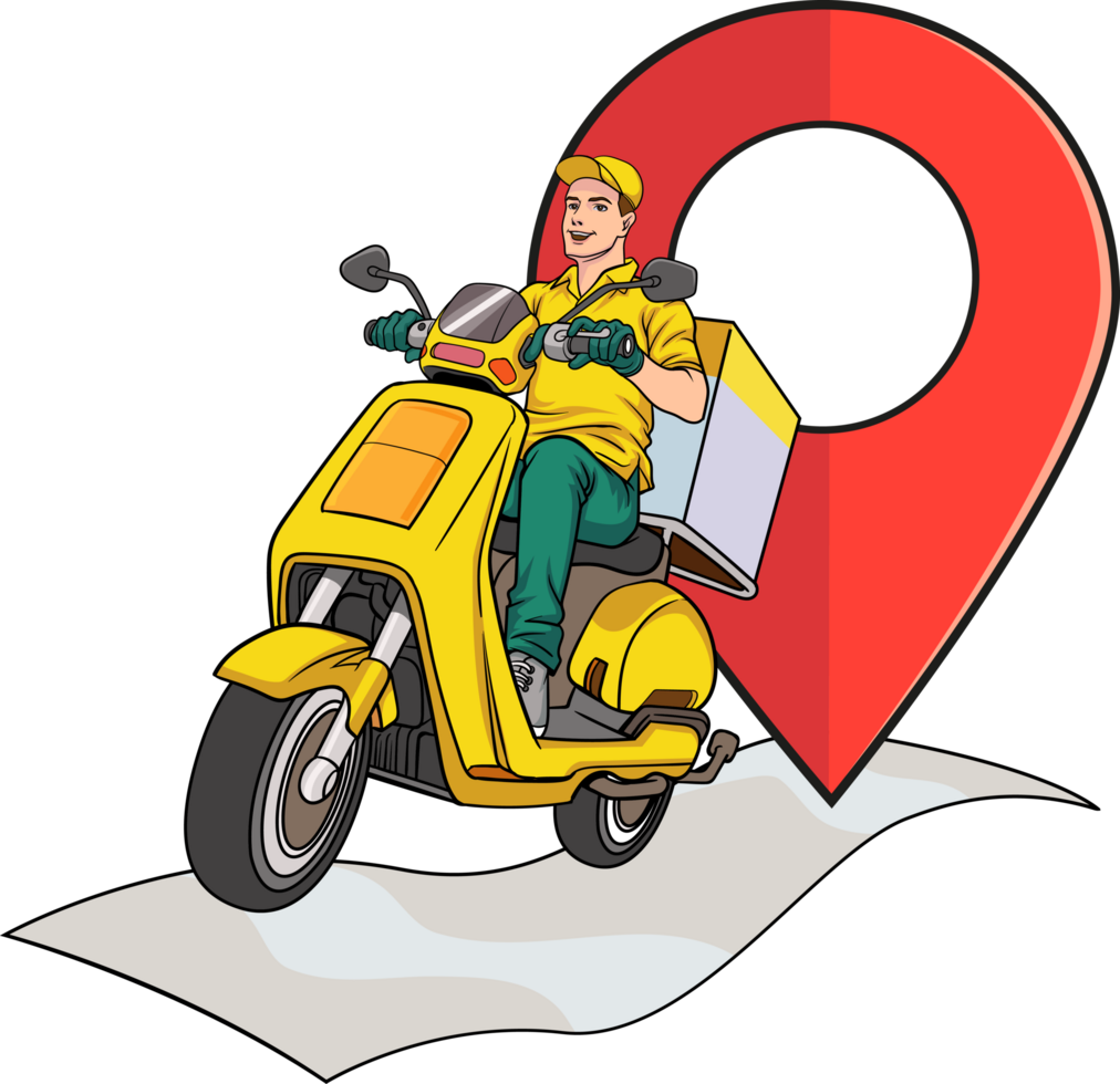 Retro parcel service worker delivering packages on a busy street. png