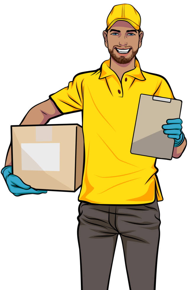 Courier in pop art style scanning a package before final delivery. png