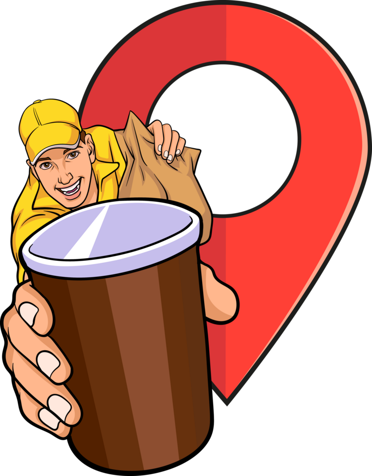 Pop art delivery man holding a cup of drink showing confidence in safe and accurate delivery. png