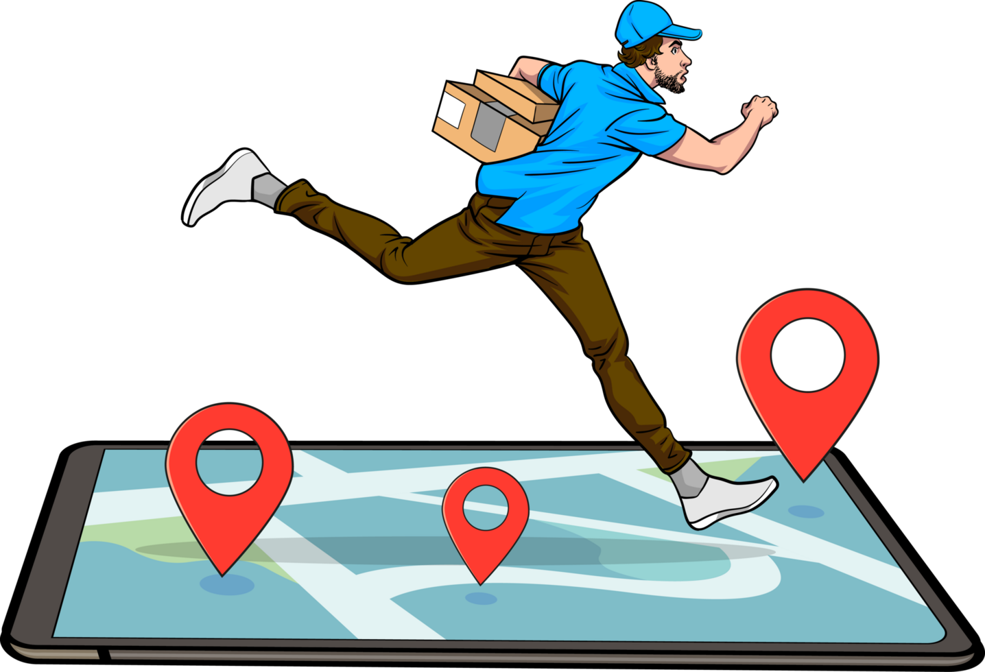 A sign showing a young delivery man in a blue uniform running on a smartphone, showing the accuracy and speed of his delivery. png