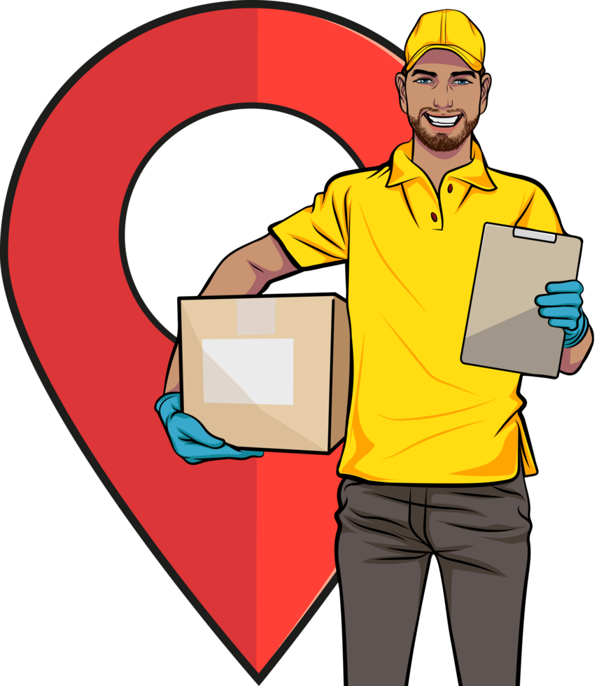 Comic-style delivery worker confirming a parcel handover. png