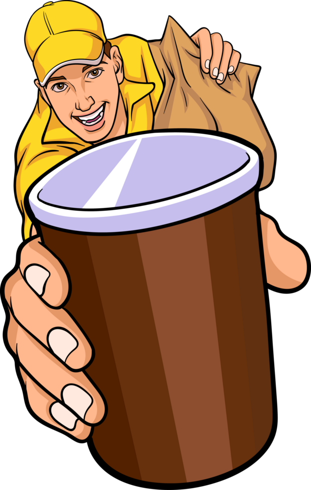 A cheerful young delivery man delivers food orders to customers. png