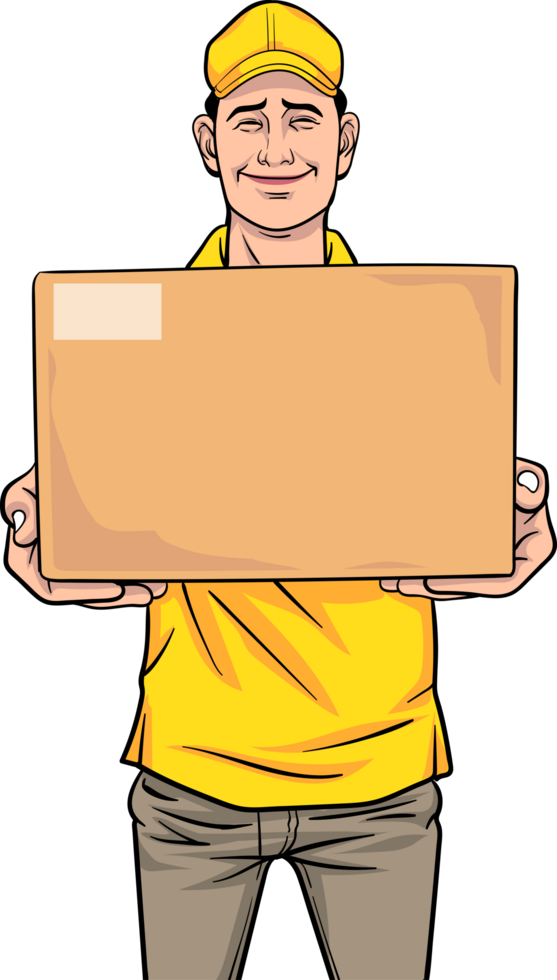 Pop art delivery man handing over a parcel to a happy customer. png