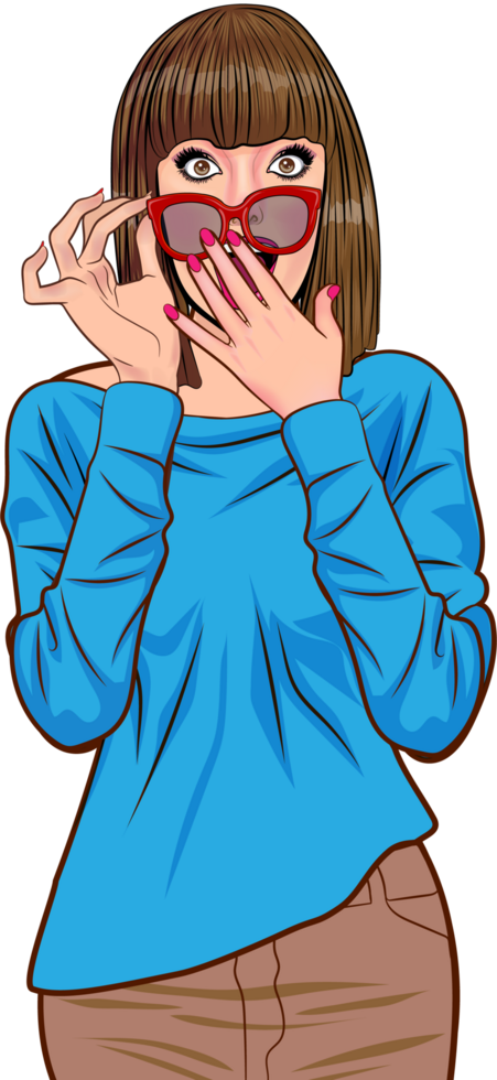 A young woman with bob hair and stylish sunglasses looks surprised and covers her mouth with her hand. png