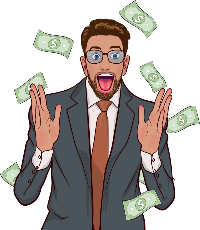 A young comic-style businessman holds a stack of money with an excited expression on his face. png