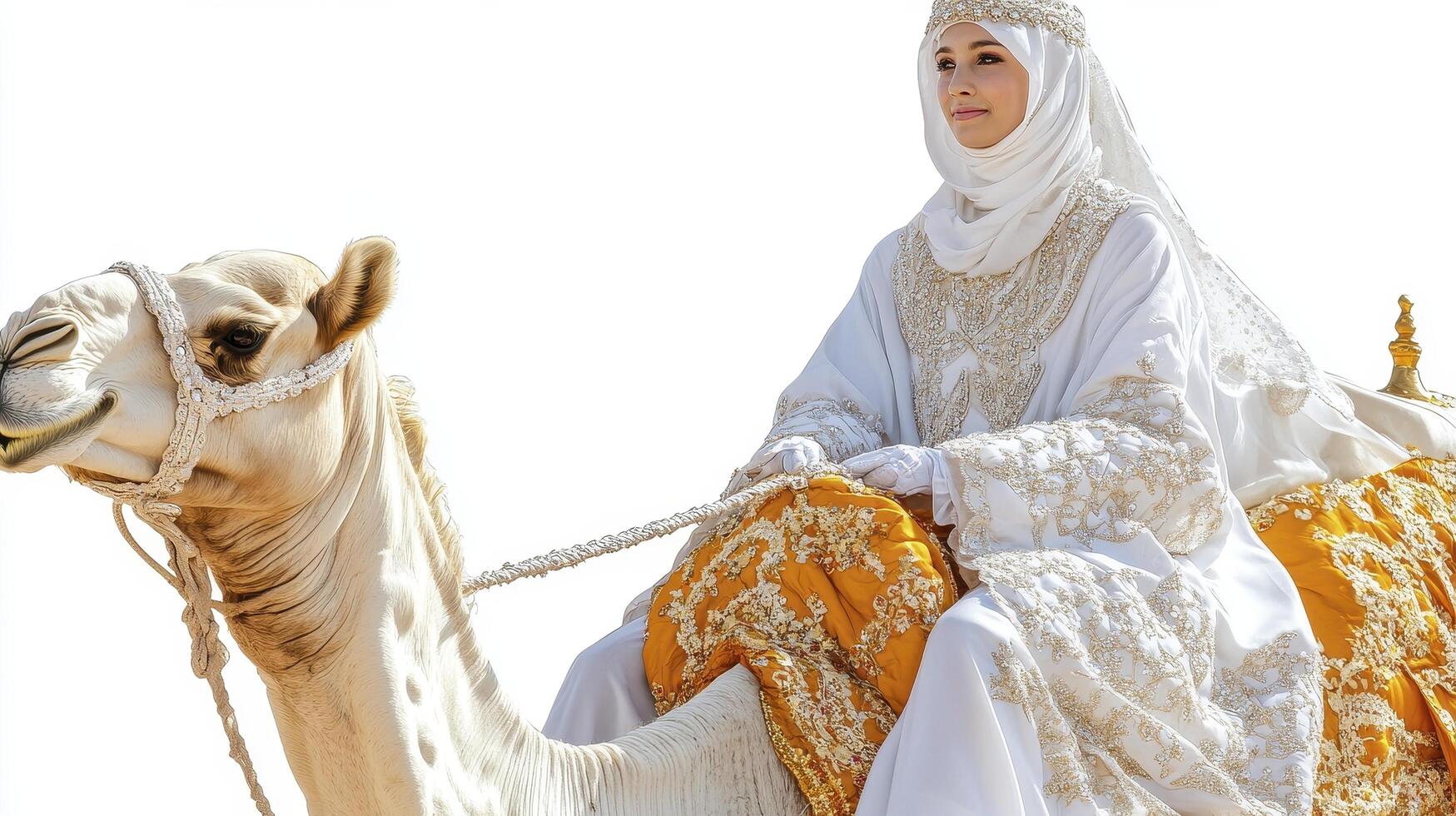 Woman in White Robe Riding a Camel photo