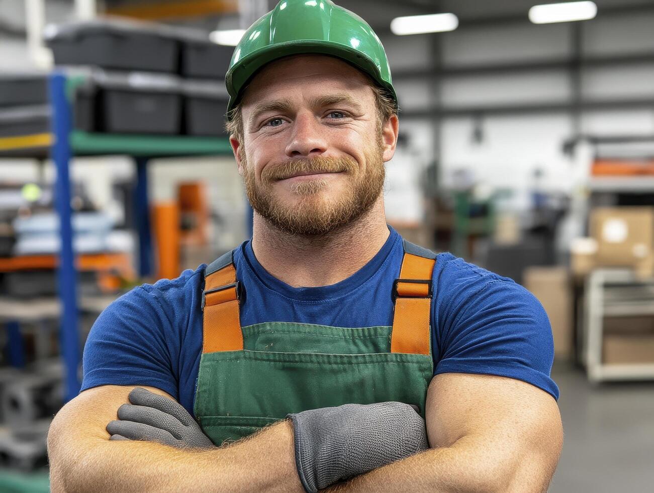 Smiling Male Factory Worker in Green Hard Hat and Overalls photo