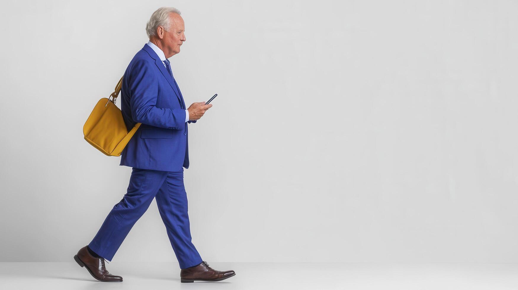 Senior Man Walking in Blue Suit Using Smartphone photo