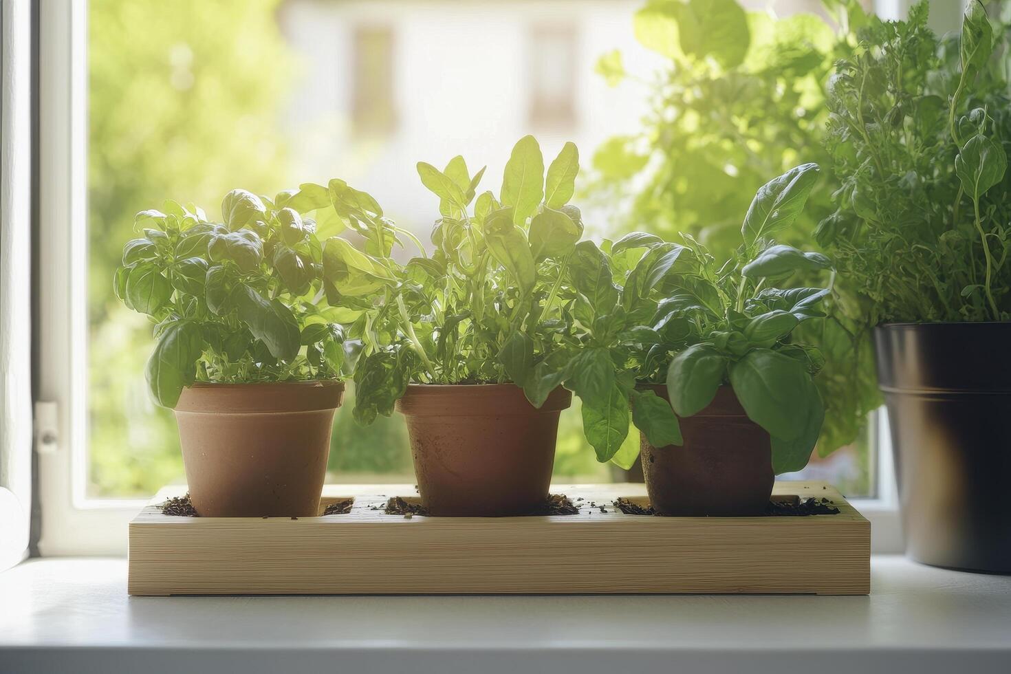 Sunlit Herbs in Terracotta Pots on Wooden Planter photo