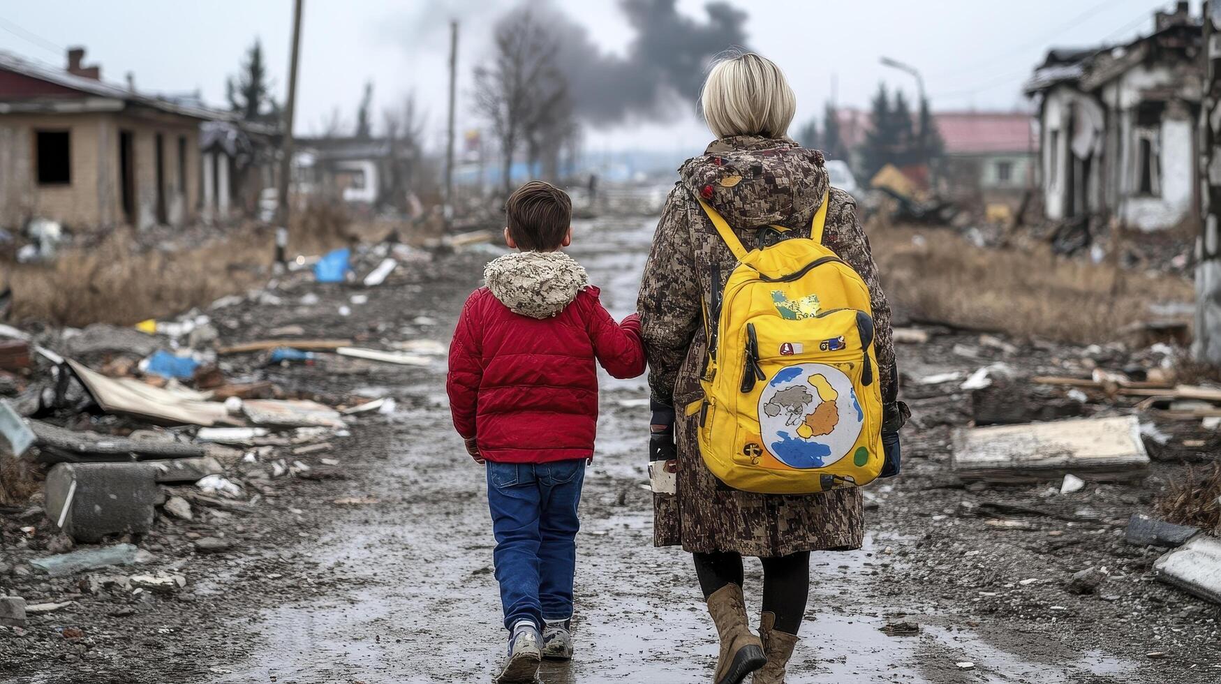 Woman and Child Walking Away From Destroyed Village photo