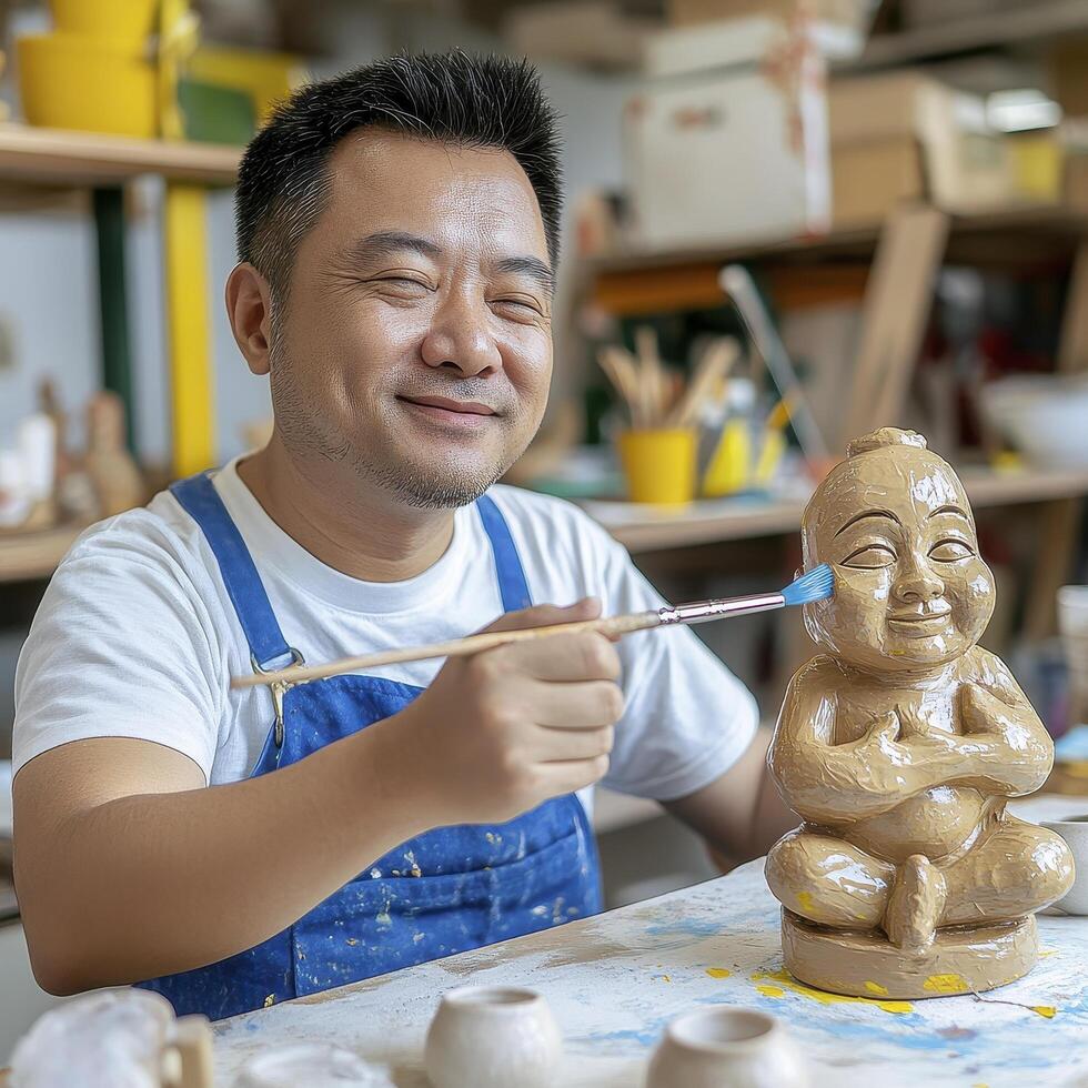 Smiling Artist Painting Small Clay Statue in a Workshop photo
