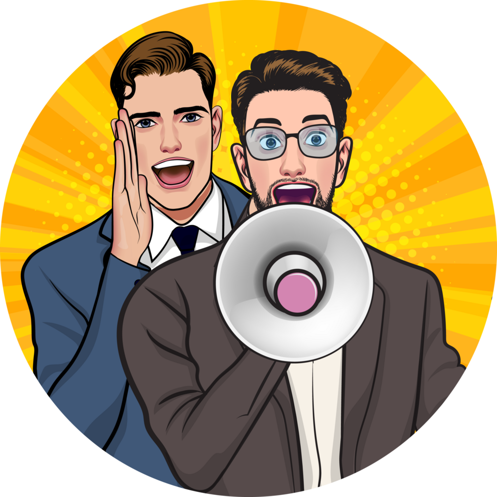 Cool pop art design of two guys holding megaphones and excitedly announcing news. png
