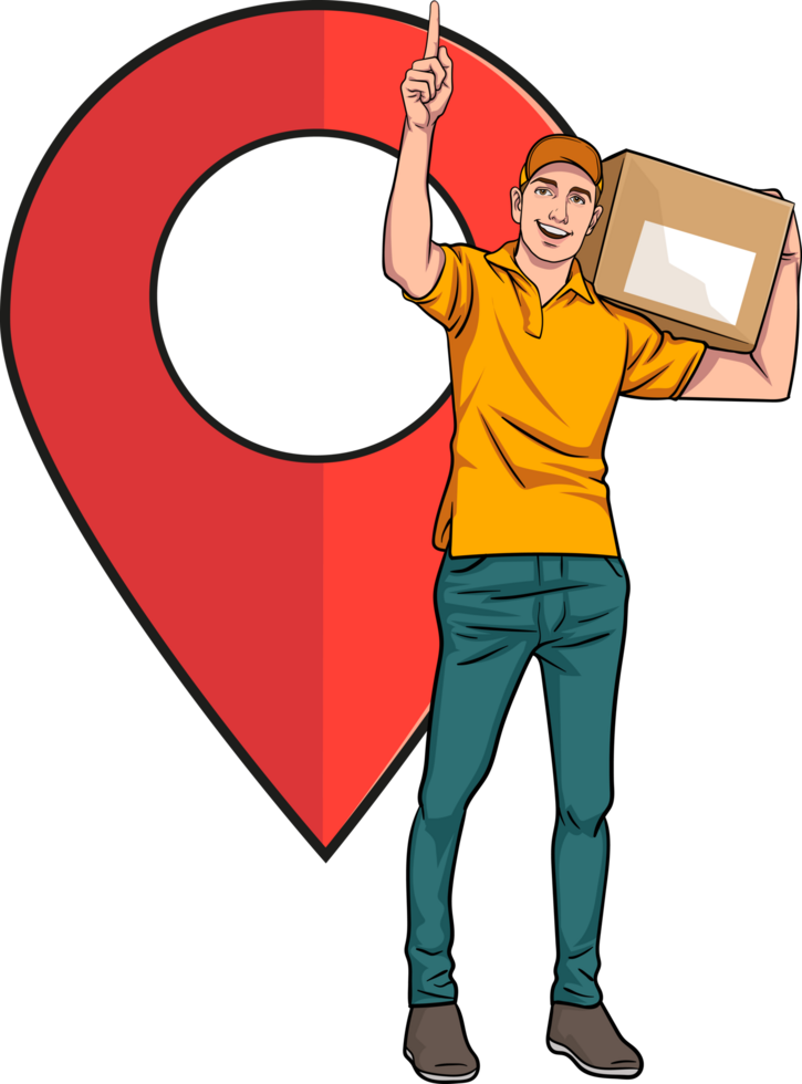 Comic delivery man pointing at a location pin while holding a box. png