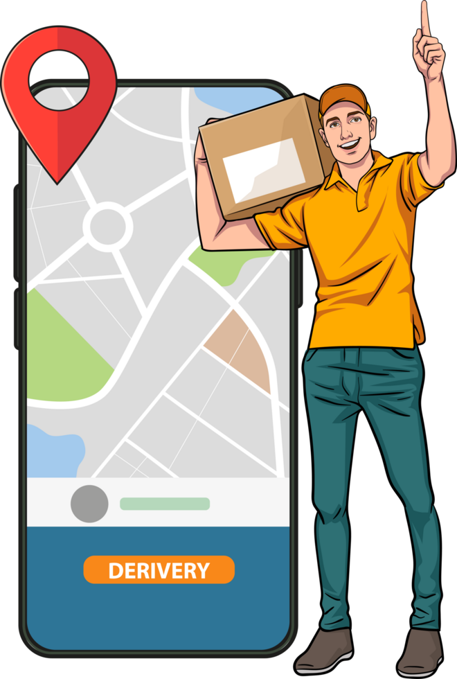 Cartoon courier holding a parcel and pointing at a navigator pin. png