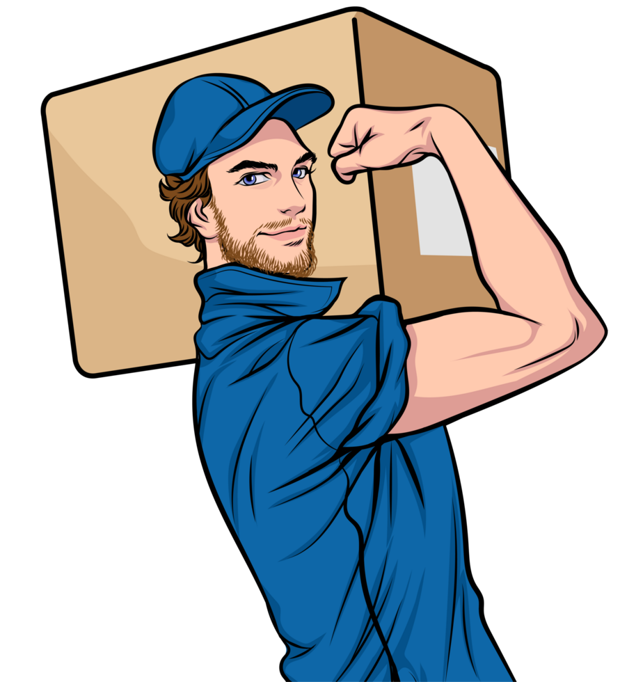 Retro logistic worker moving packages efficiently in a warehouse. png