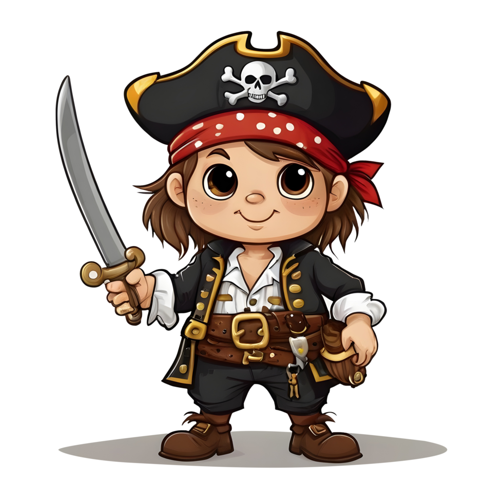 Cute cartoon pirate character with sword and hat png