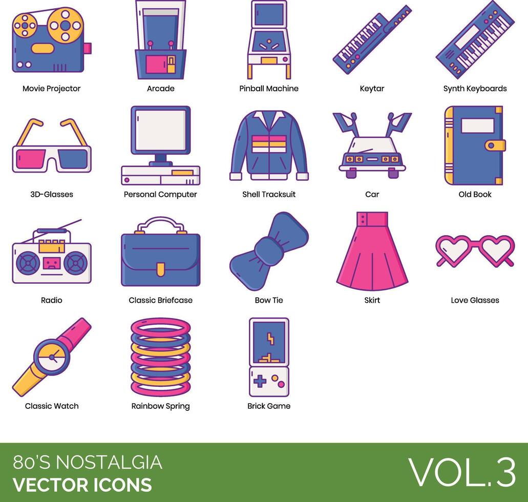 The icons are arranged in a set of different colors vector
