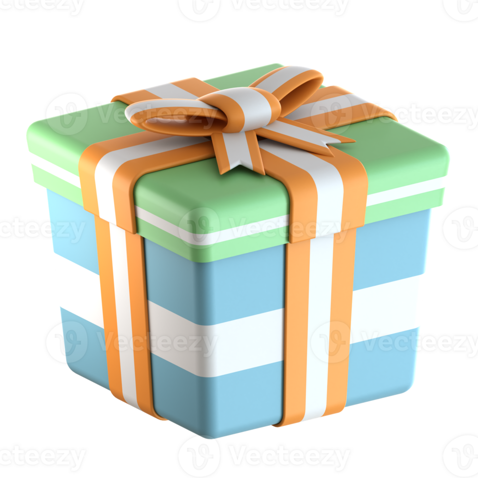 A gift box with a ribbon and orange and blue stripes png
