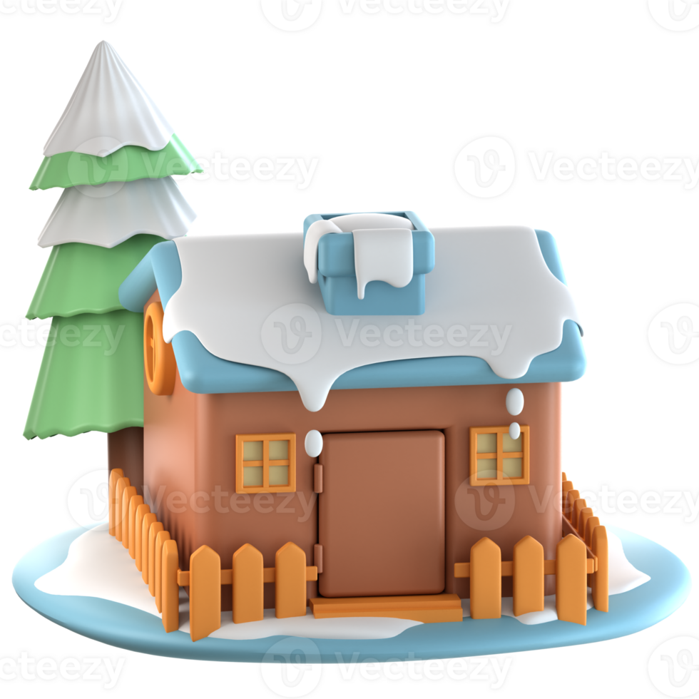 A small house with snow on the roof and a tree png