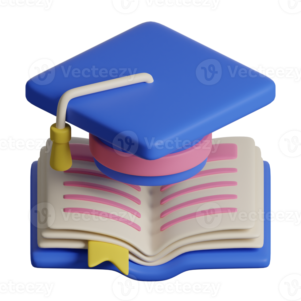 A blue graduation cap on top of an open book png