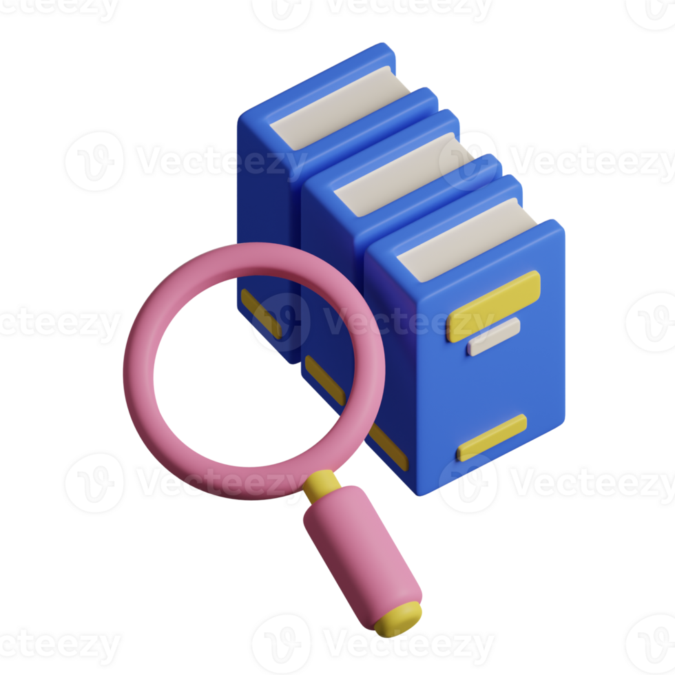 A magnifying glass and a stack of books png